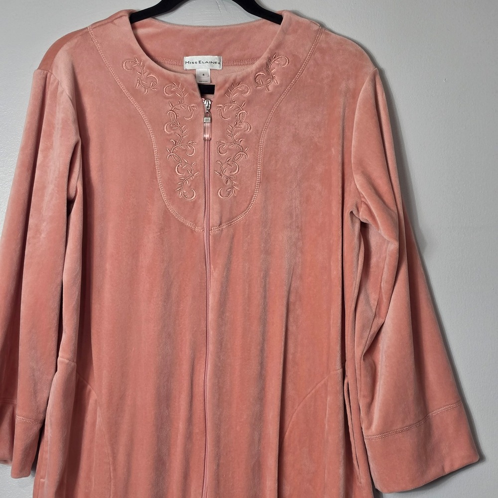Miss Elaine Robe Velour Pink Embroidered Zip Front Long Loungewear Small - Picture 2 of 8